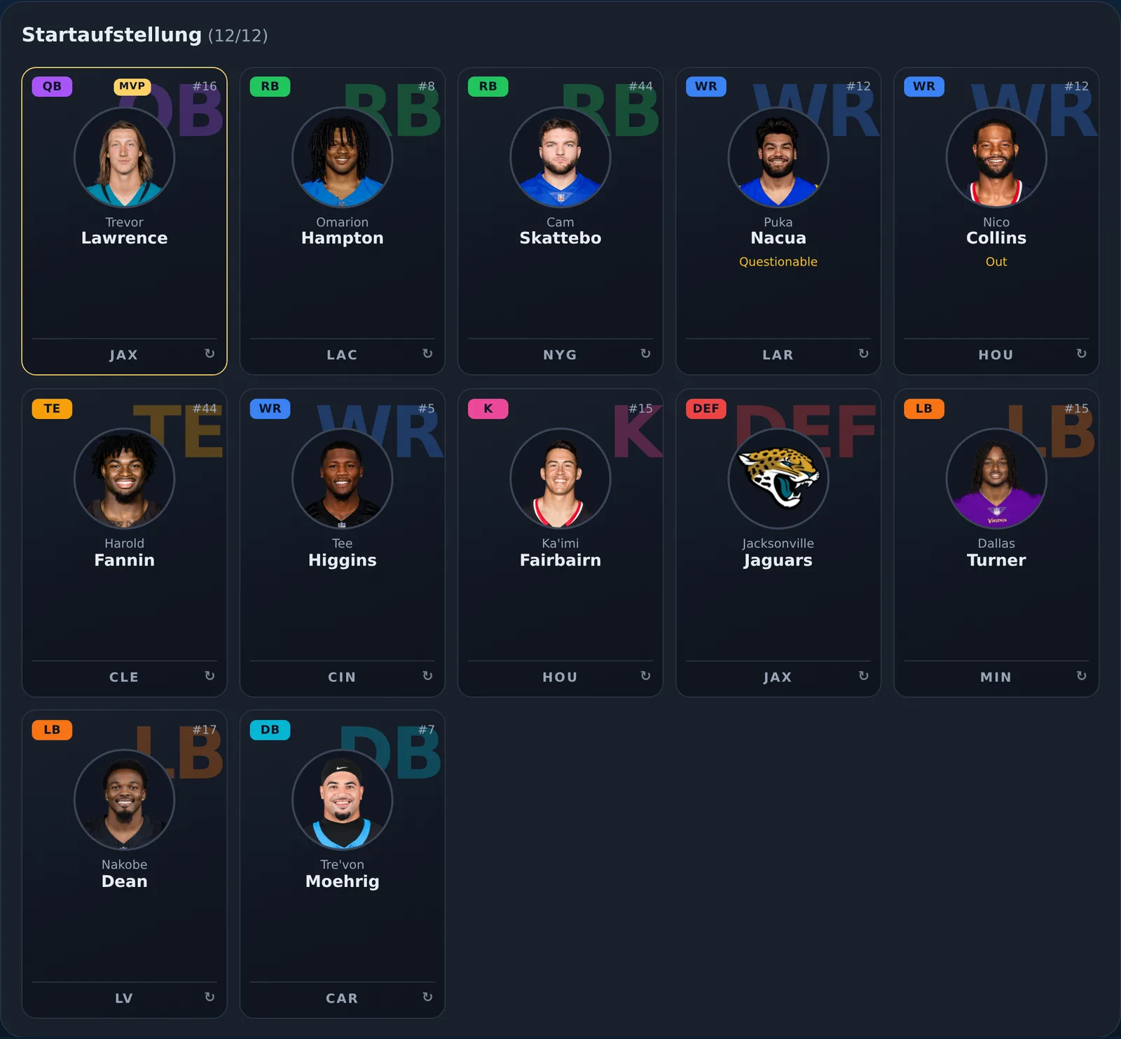 Startaufstellung als Spielerkarten mit Foto, Position, NFL-Team und Trikotnummer